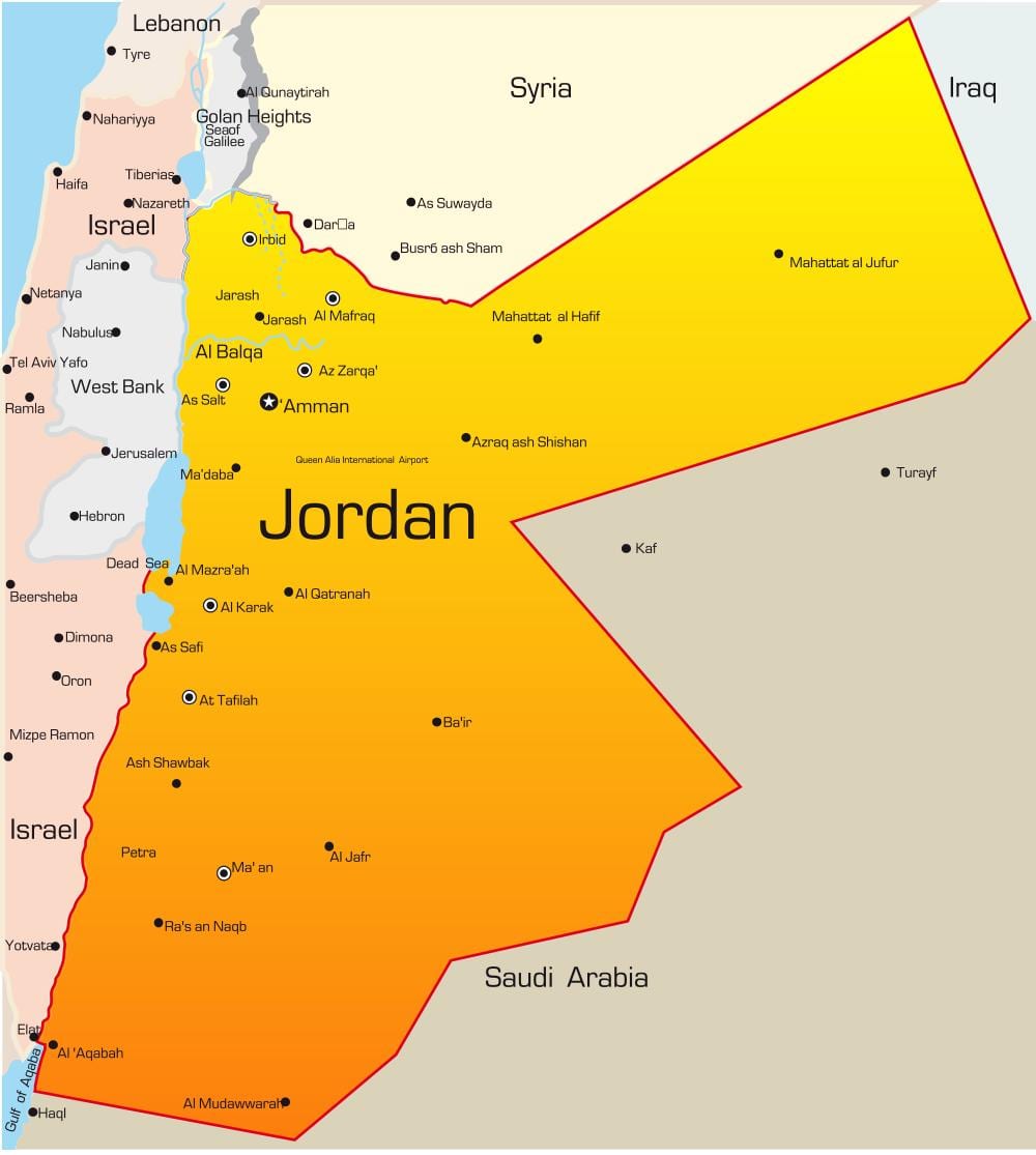 mapa Jordanii na Bliskim Wschodzie